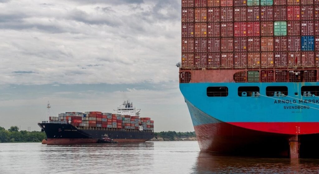 Container ship arriving at port