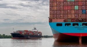 Container ship arriving at port