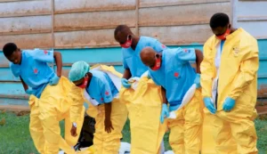 Health workers in protective equipment during the Ebola outbreak in the Democratic Republic of the Congo