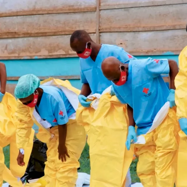 Health workers in protective equipment during the Ebola outbreak in the Democratic Republic of the Congo